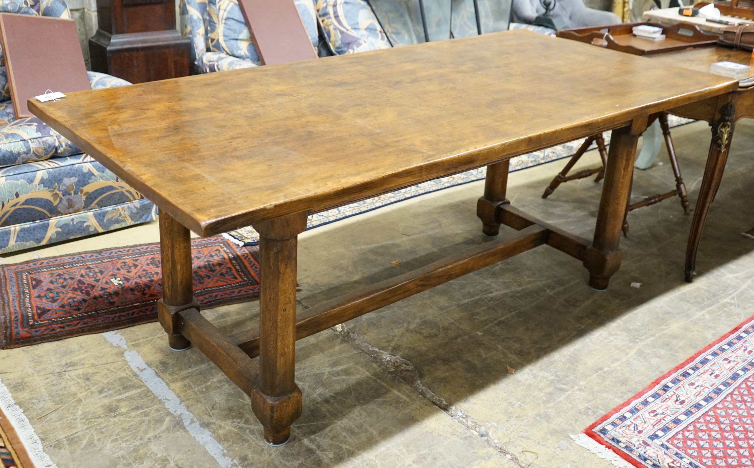 An 18th century style rectangular oak refectory dining table, length 198cm, depth 92cm, height 76cm